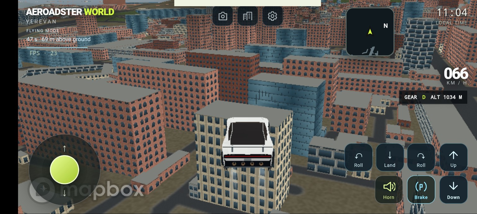 A white Roadster flying over Yerevan rooftops